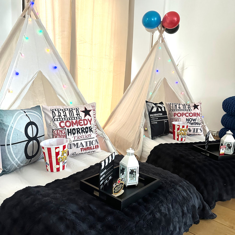 Sleepover details with trays, lanterns and fairy lights