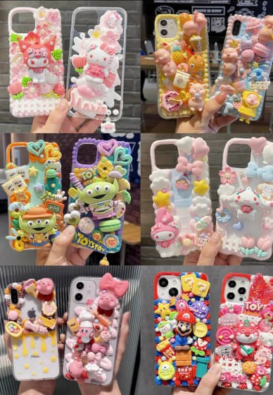 A collection of colourful decoden phone cases decorated with cream and charms