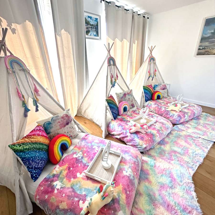 Children's teepee sleepover party setup