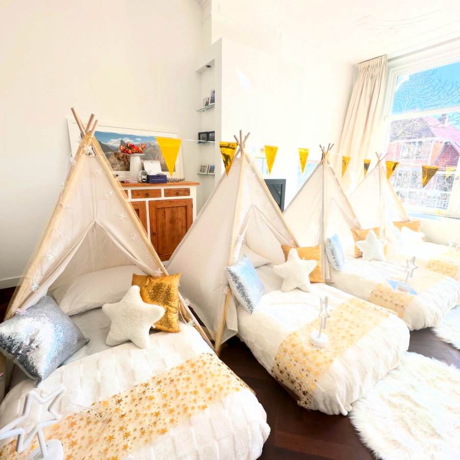 Children enjoying a styled Mini Munchkins teepee sleepover