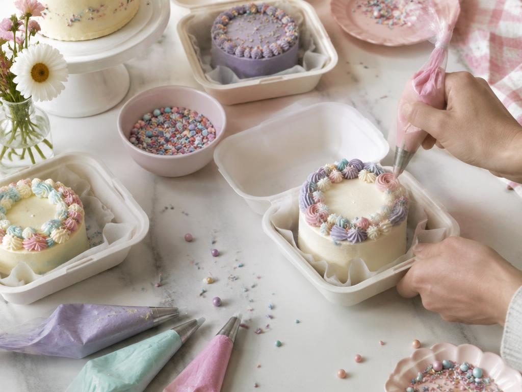 Mini bento cakes being decorated