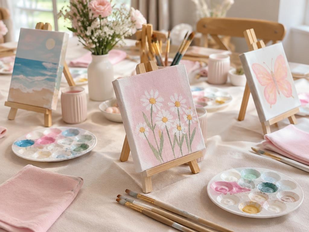 Mini canvases on small easels with pastel paintings