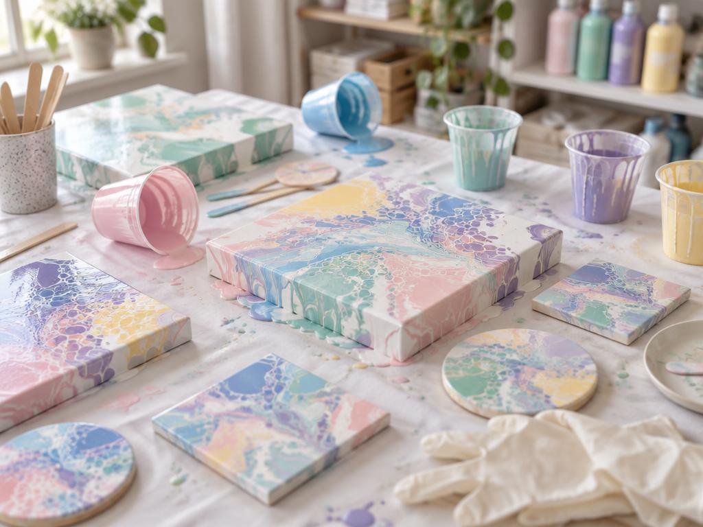 Pastel acrylic paint pouring canvases drying on a workshop table