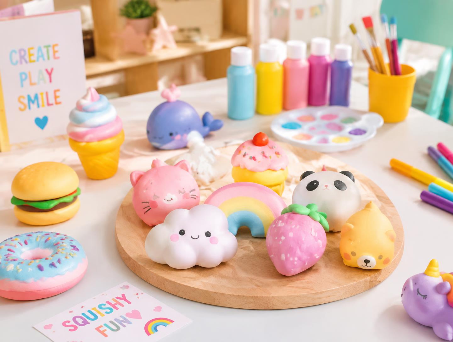 Colourful handmade squishies on a workshop table