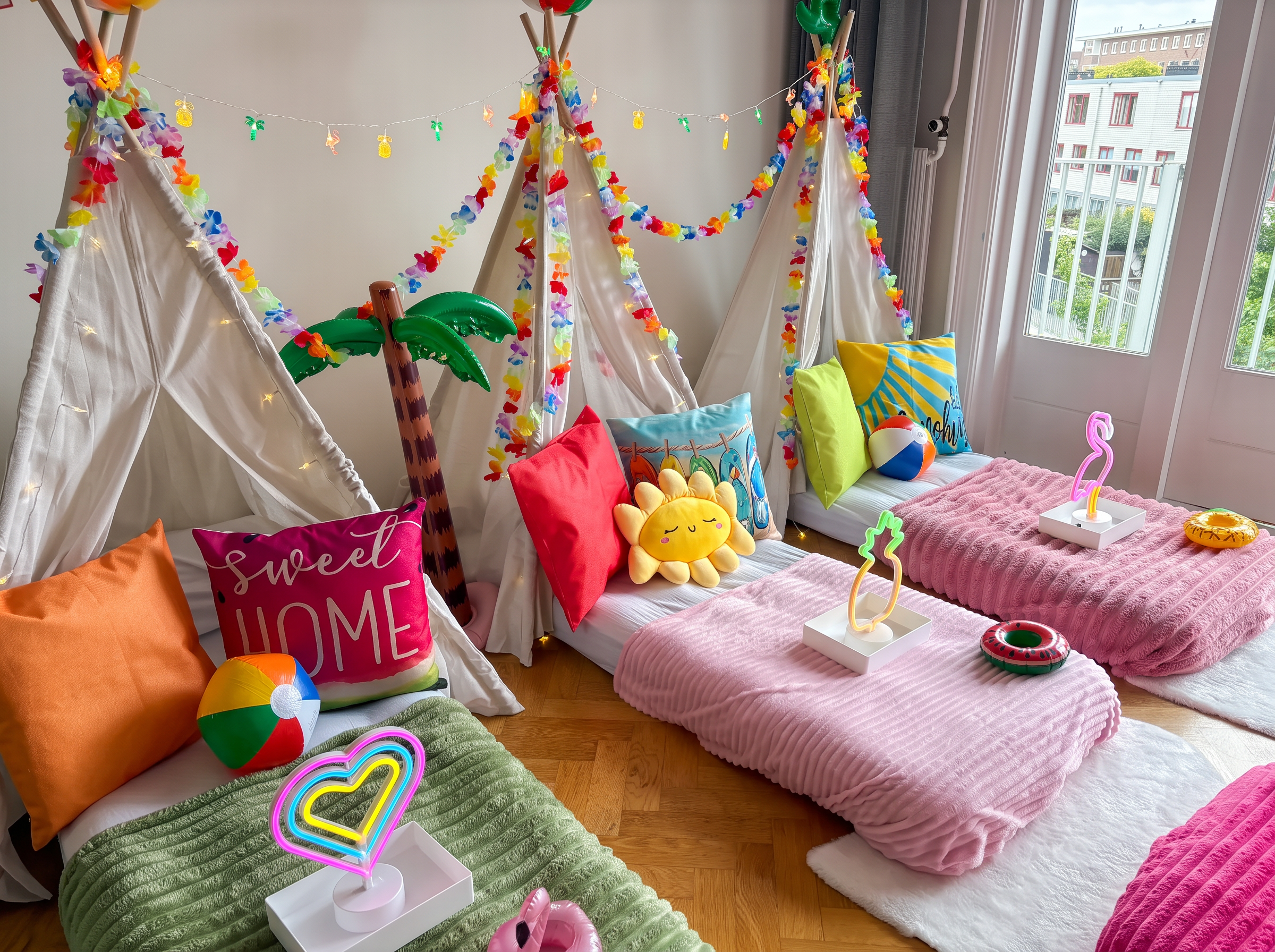 Hello Summer teepees with colourful bedding, flower garlands and tropical decorations
